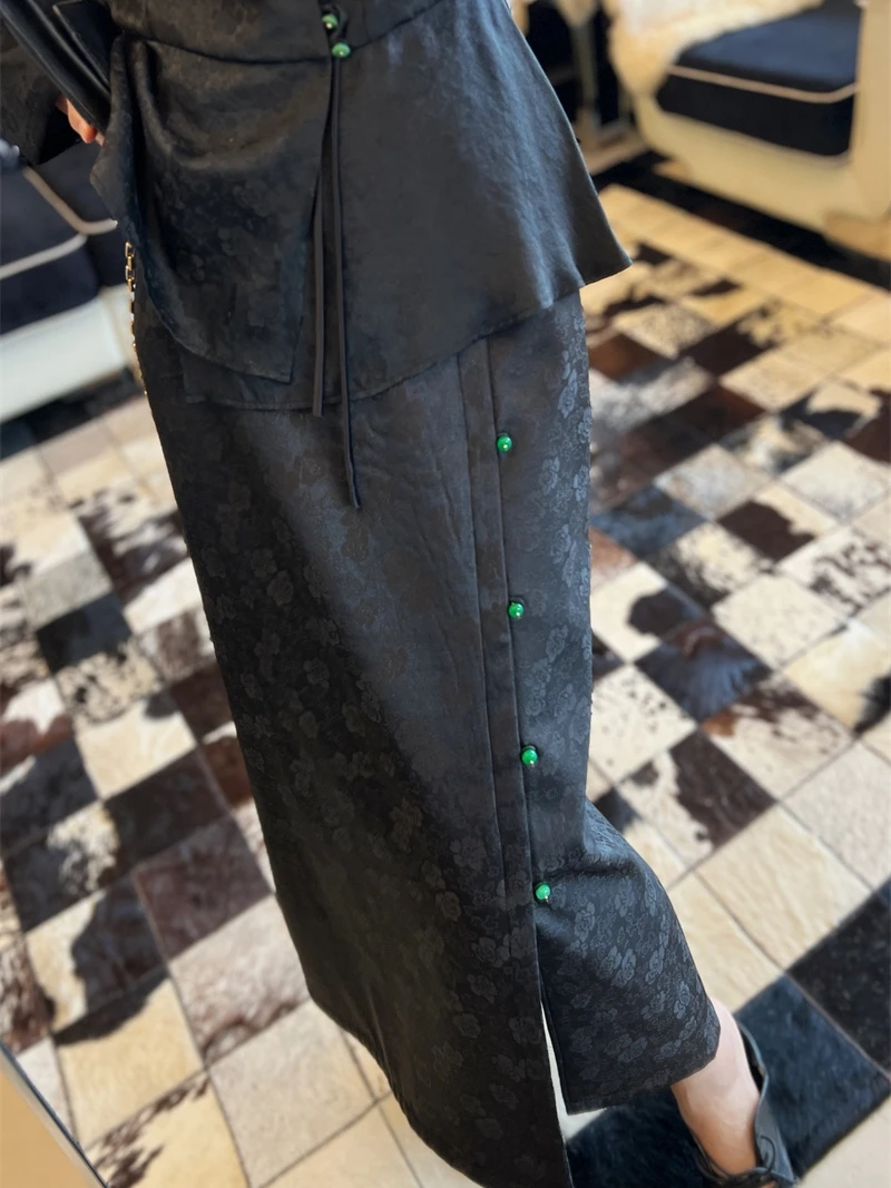 

Юбка из шелковой тафты с высокой талией и вышивкой, бархатная, в китайском стиле, женская, модная, весна-осень