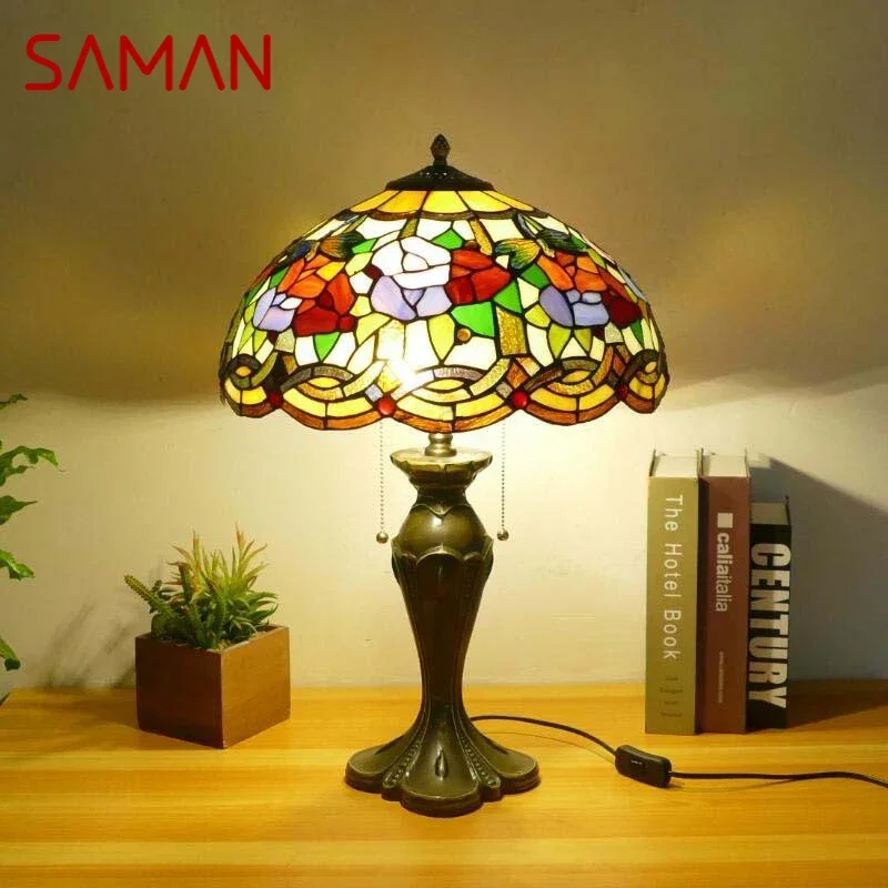 

SAMAN Tiffany Table Lamp American Retro Living Room Bedroom Lamp Luxurious Villa Hotel Stained Glass Desk Lamp