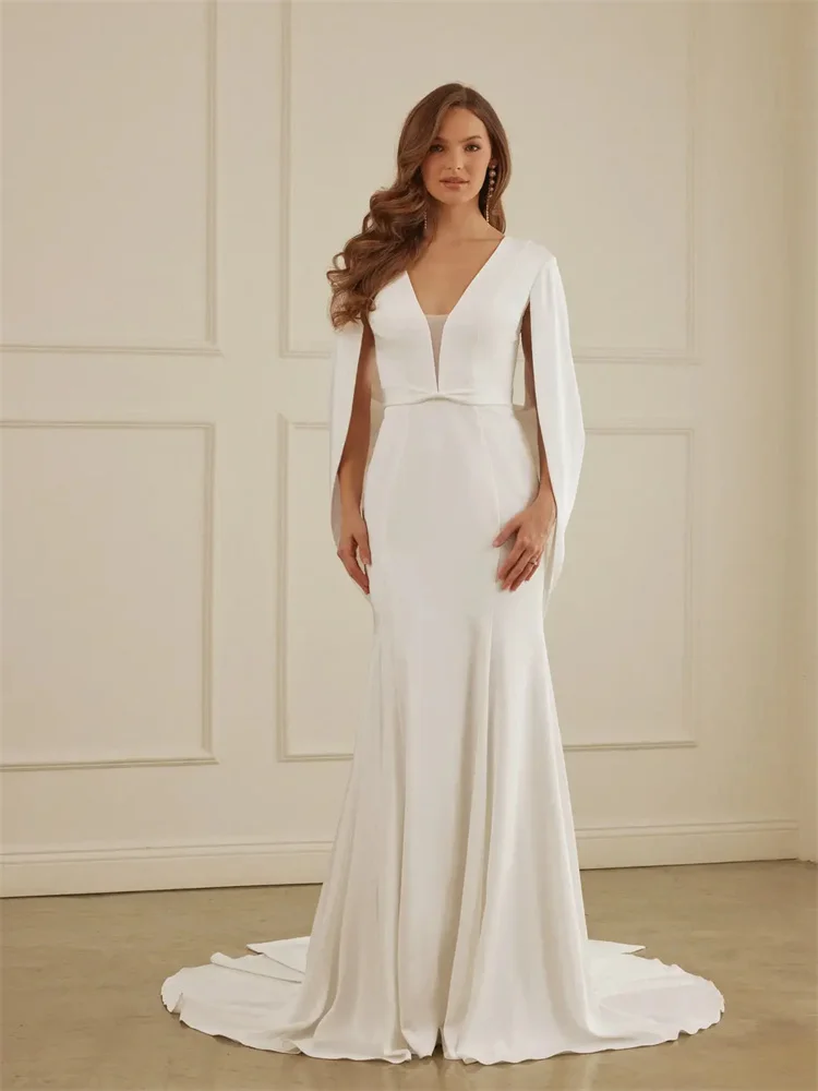 

Customized V Neckline Long Cape Sleeves Mermaid Crepe Wedding Dress Open Back Zipper Floor Length Chapel Train Gown For Bride