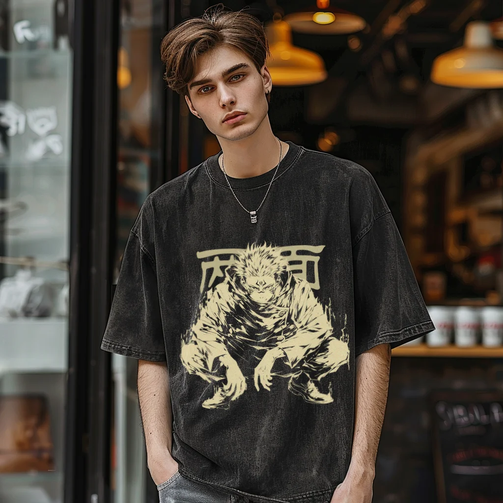 Anime Jujutsu Kaisen Ryomen Sukuna Oversized Washed shirt, Hip hop Streetwear Vintage Washed Short Tshirt For Men Women  Y2K