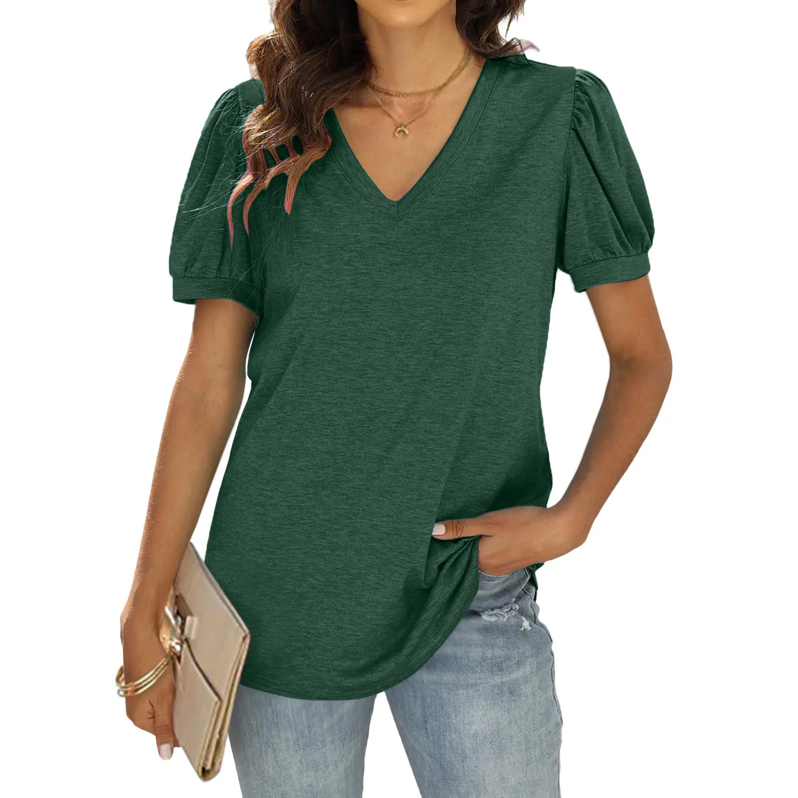 

Женские повседневные однотонные топы с V-образным вырезом, летние футболки с коротким рукавом-лепестком и длинным рукавом для женщин, Популярная Корейская одежда