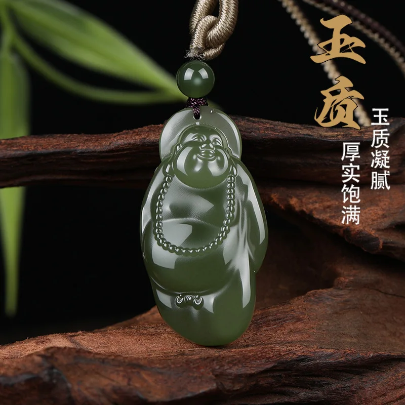 3D Hetian Jade Maitreya Buddha Pendant for Men Light Green Jade Buddha Amulet Necklace Gifts