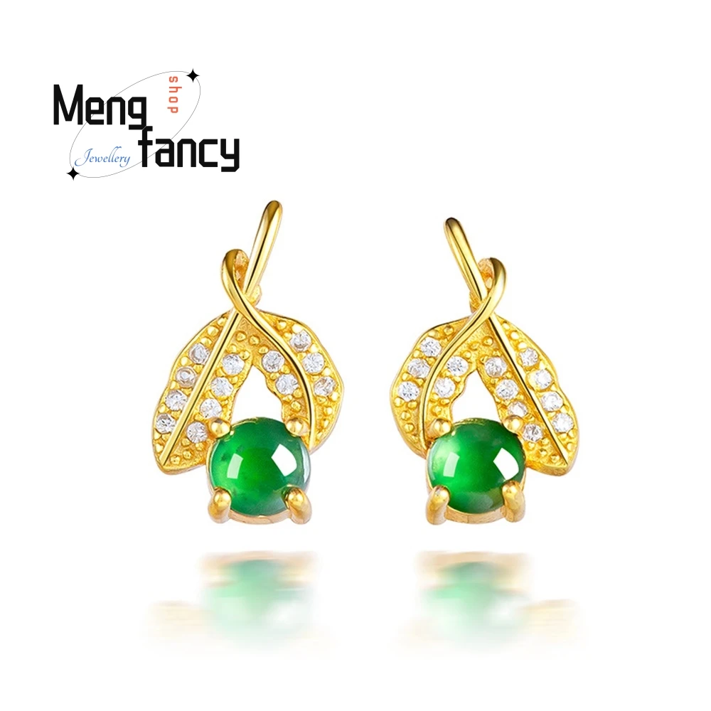 

Natural A-Grade Jade Cherry Green Ice Type Jade Stud Earrings S925 Silver Inlaid Fashionable Earrings For Women Fashion Jewelry