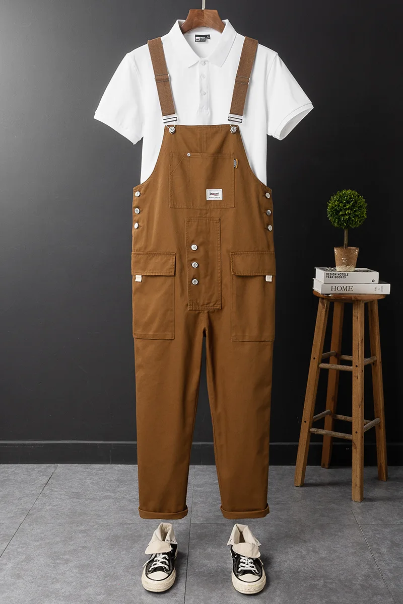 Calças de trabalho de perna reta masculina macacão de mordomo com vários bolsos casal suspender calças soltas roupas de trabalho