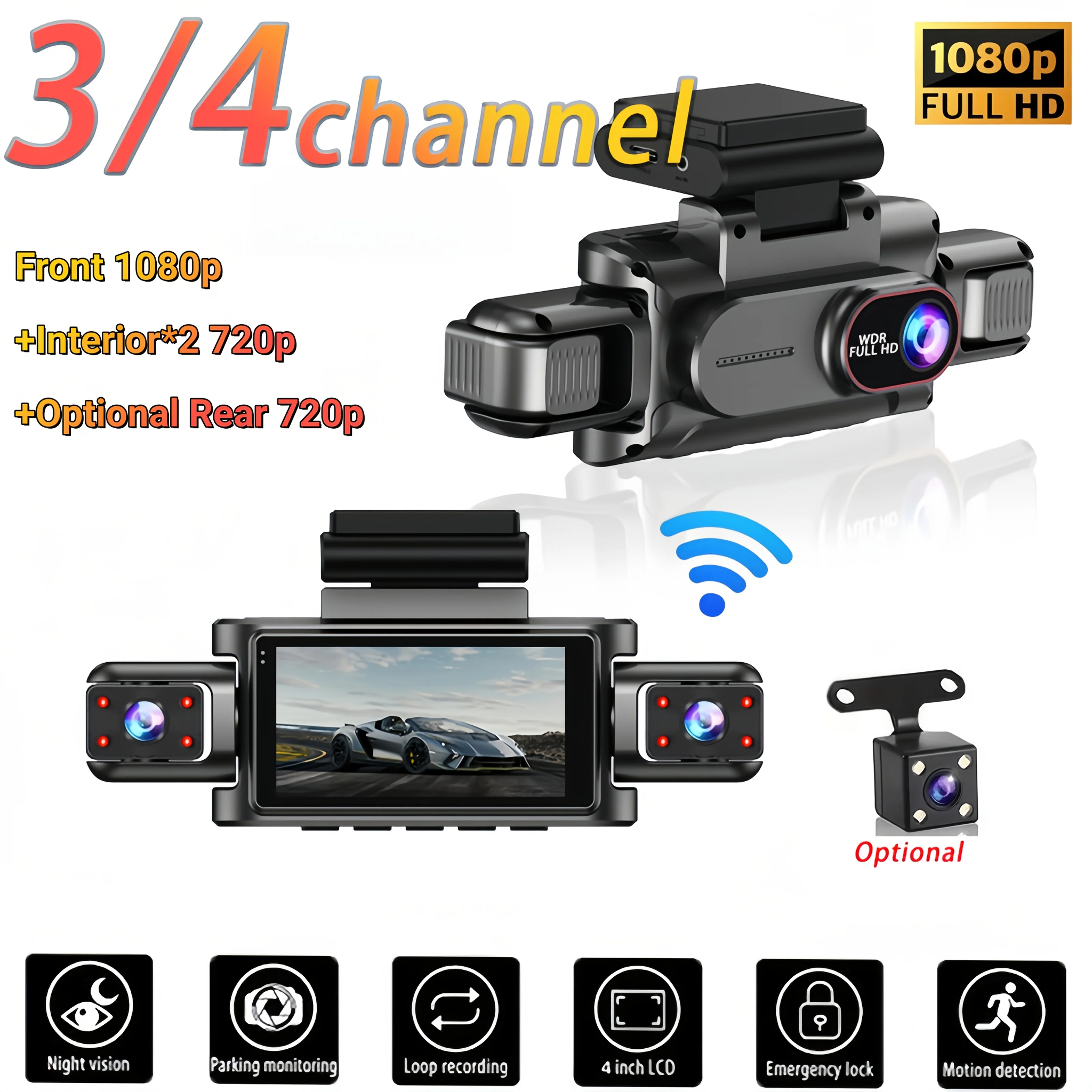 Image of Kabelloses WLAN 3/4CH 360 ° Panorama-Dashcam, 1080P+720P Multi-Objektiv-Aufnahme, G-Sensor Video-Sperre