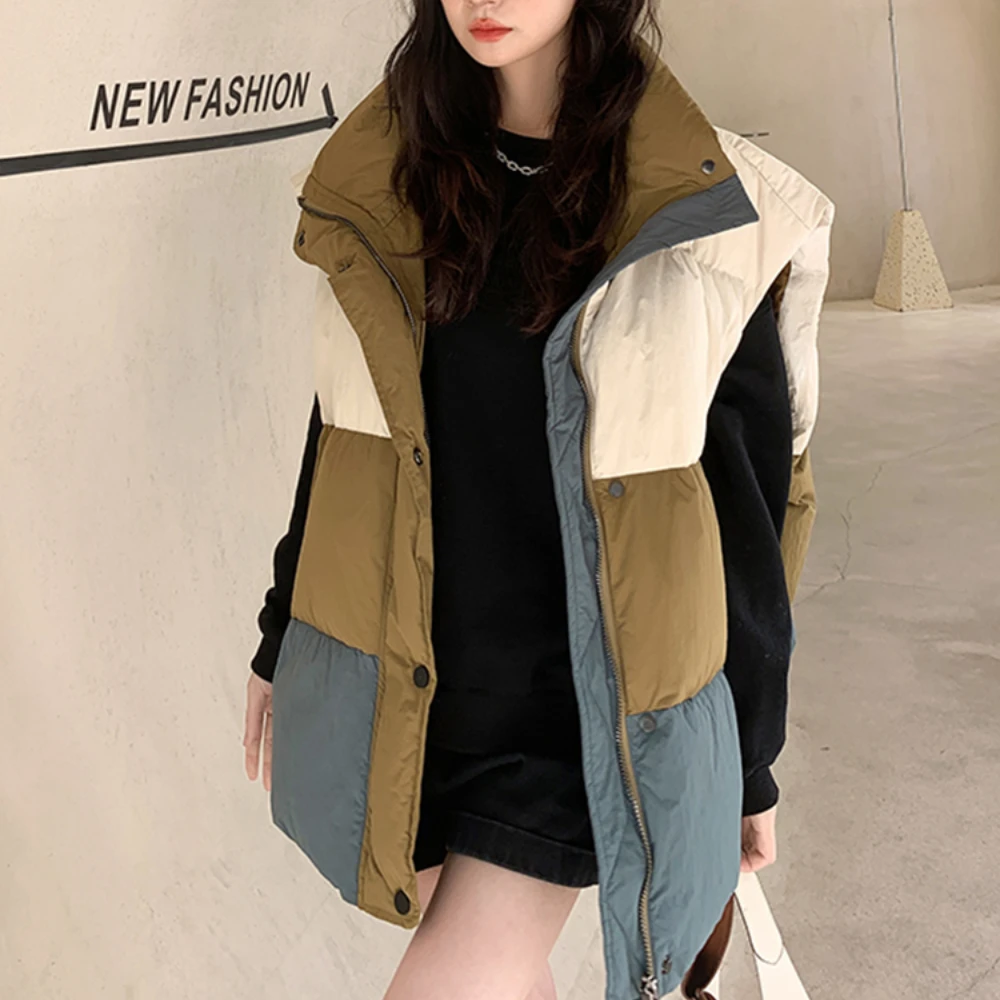 Fashion Contrast Color Women's Down Vest Waistcoat Thickened White Duck Down Warm Short Sleeveless Down Jacket Casual Loose Coat