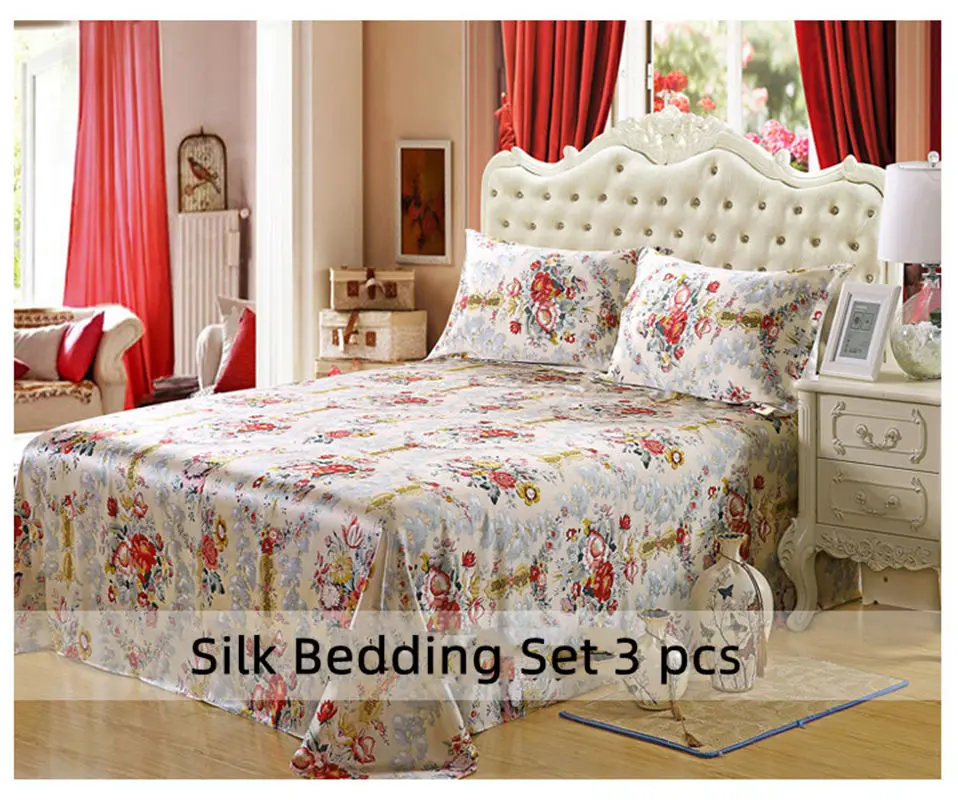 100% Mulberry Silk Bedding Set 3PCS Flat Sheet & Envelope Pillowcase Soft Floral Colors