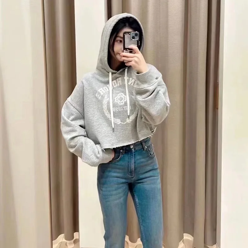 

Spring Grey Short Hoodie for Girls Street Style Organic Cotton Long Sleeve Loose Fit Embroidered Drawstring Casual Top