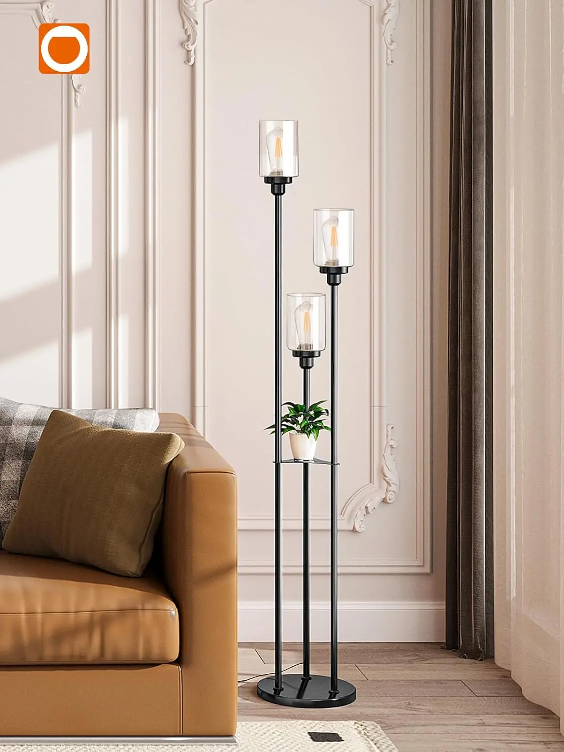 Addlon Floor Lamps For Living Room With Clear Glass Shades, 3-Lights Standing Lamp With Shelves, Farmhouse Tall Floor Lamp