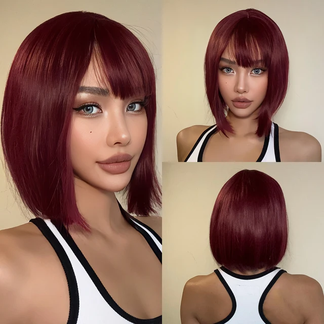 Krótkie peruki syntetyczne Bob Burgundy Wine Red Prosta peruka z grzywką dla kobiet Codzienny Cosplay Halloween Party Użyj odporny na ciepło