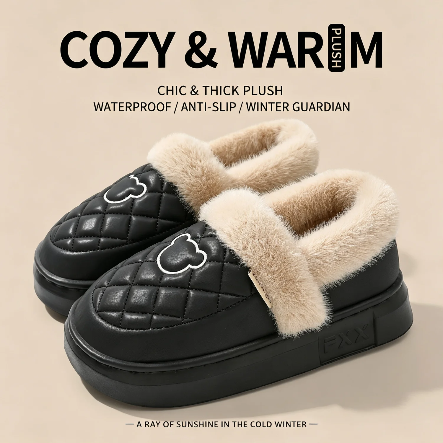 Winter Waterproof Slippers Men Women Thick Sole Warm Plush House Shoes Bear Embroidery Anti-slip Soft Elastic Indoor Footwear