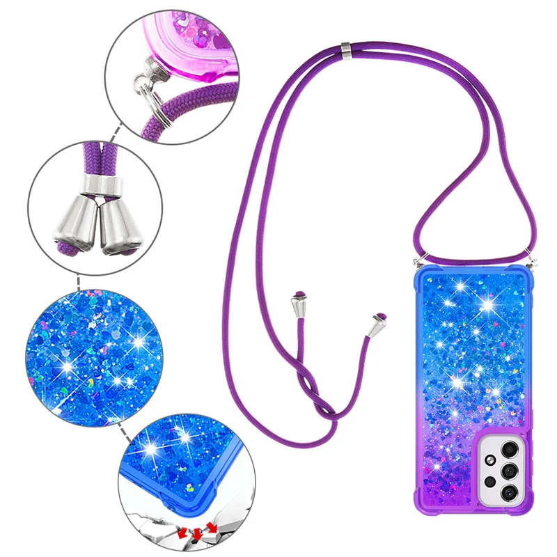 Glitter Liquid Crossbody Lanyard Case For Samsung Galaxy A14 A34 A54 A13 A23 A32 A33 A53 A52 A73 A22 4G 5G A02S Shockproof Cover