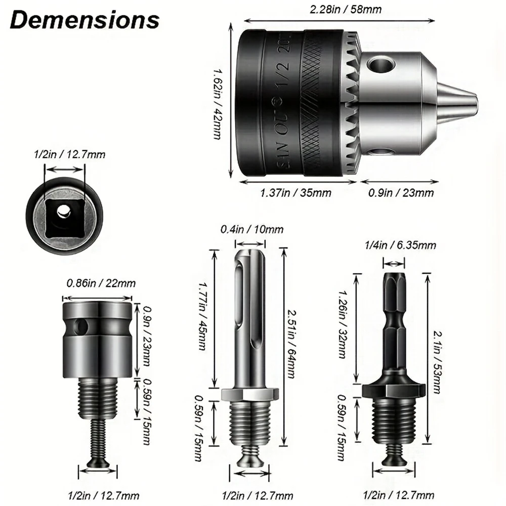 1.5-13mm Drill Chuck,1/2-20UNF Mount Impact Driver Bits Chuck Conversion Hex Shank/SDS-Plus Socket Square Adapter with Chuck Key