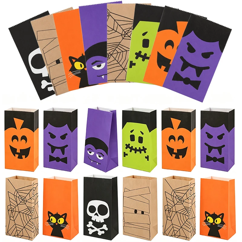 8/16/24PCS Random Styles Halloween Paper Bags Pumpkin Ghost Cat Mummy Skull Bat Web Spooky Pattern Event Packaging Gift Bags ZYF