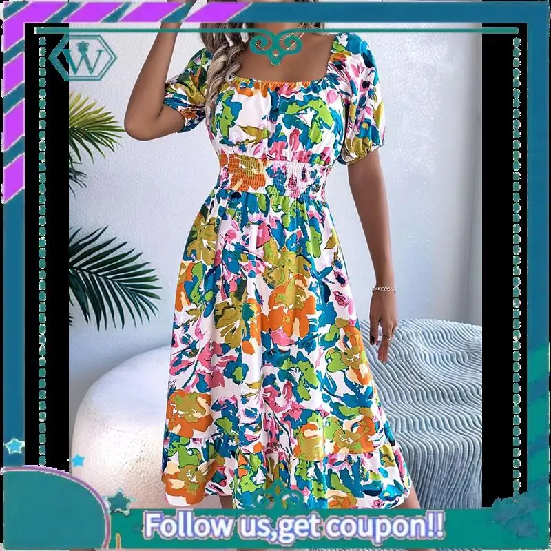 A09P Abiti casual estivi da donna 2025 Primavera Manica a sbuffo Collo quadrato A-Line Flowy Boho Abito longuette smock floreale