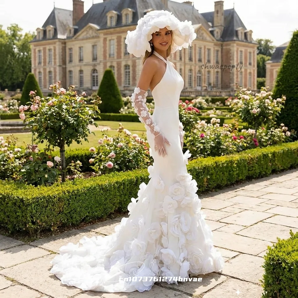 Flowers Mermaid Wedding Dress Halter Backless Long Bride Reception Dress With Removable Sleeves Elegant Bridal Gown Customized