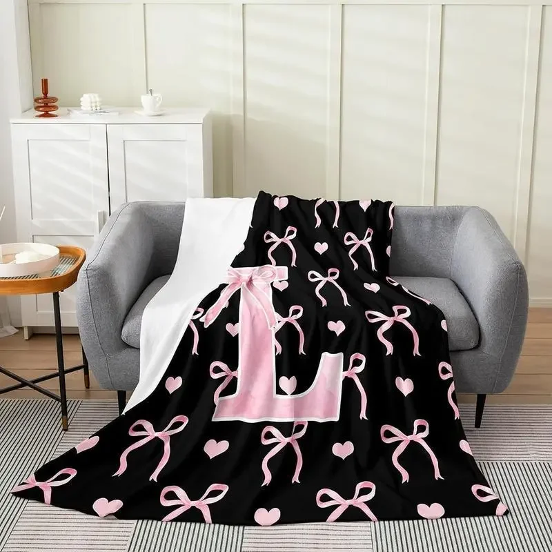 Flannel Blanket Featuring Pink Bows and Lettering; Suitable for Family or Couples, and Ideal for Home, Travel, or Leisure Use.