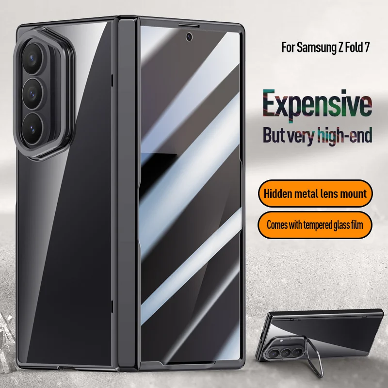 

For Samsung Galaxy Z Fold 7 ZFold7 Case Plating Transparent With Mirror Film Bracket Folding Hinge Shockproof Protection Cover