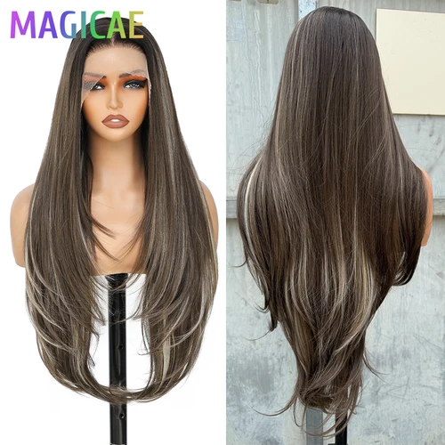 Imagen 2 del producto Pelucas de pelo liso Frontal de encaje Magicae 30 pulgadas 13X4 Rubio marrón ombré 27/613 #   Pelo frontal transparente sintético resistente al calor
