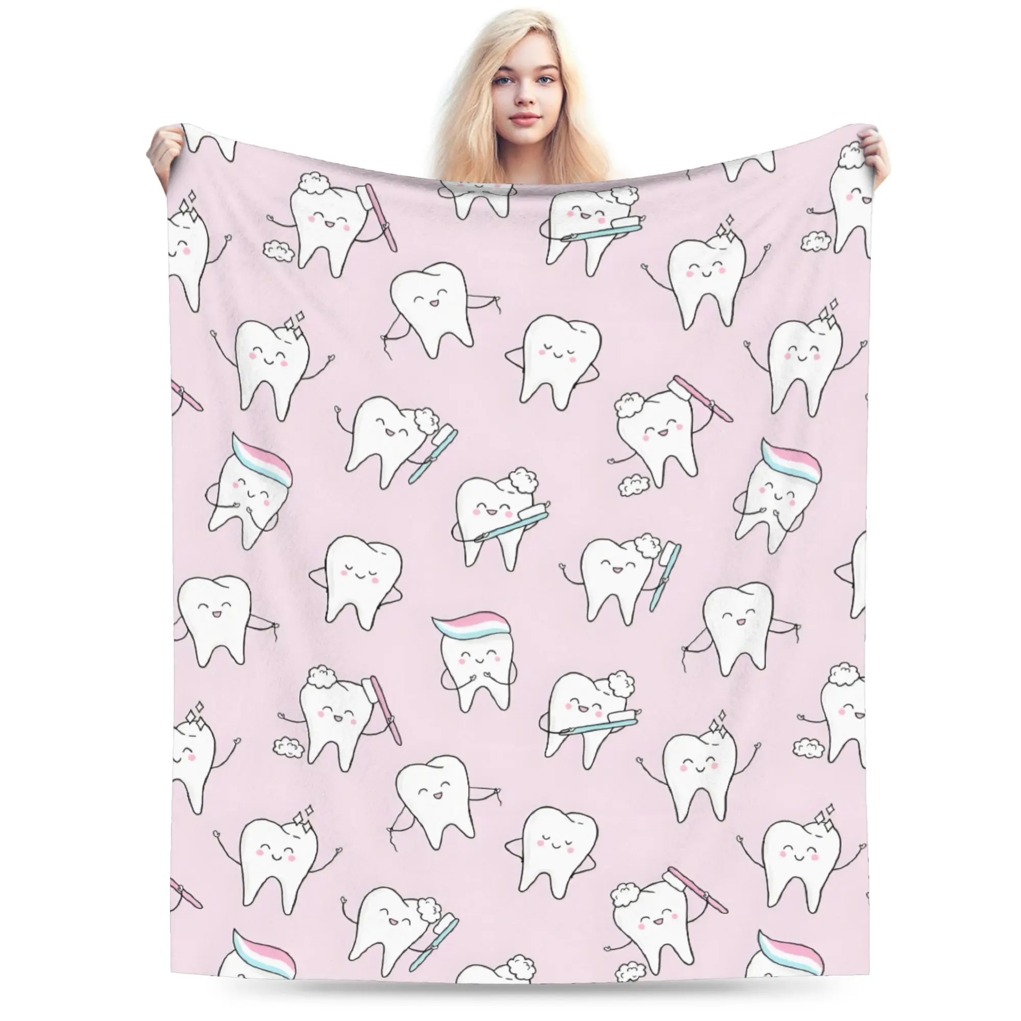 Custom Healthy Teeth Pattern Tooth Blanket Warm Fleece Soft Flannel Care Dental Health Throw Blankets for Bedding Sofa Travel