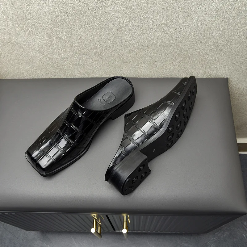 3CM Heels Luxury Men's Shoes Backless Cow Leather Slippers Man Closed-Toe Slip On Black Half Slippers Sandal Man, Size 37-44
