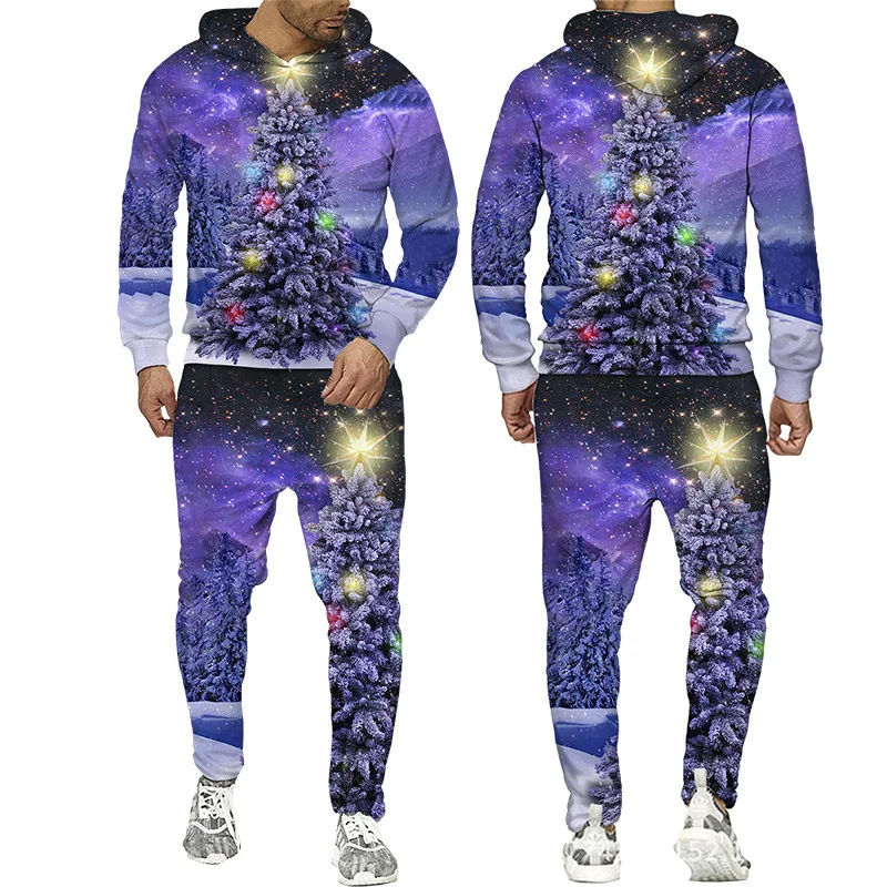 Regalo per la festa di natale albero stampato in 3D uomo donna felpa con cappuccio 2 pezzi Set pantaloni sportivi con cappuccio moda 2 pezzi tuta