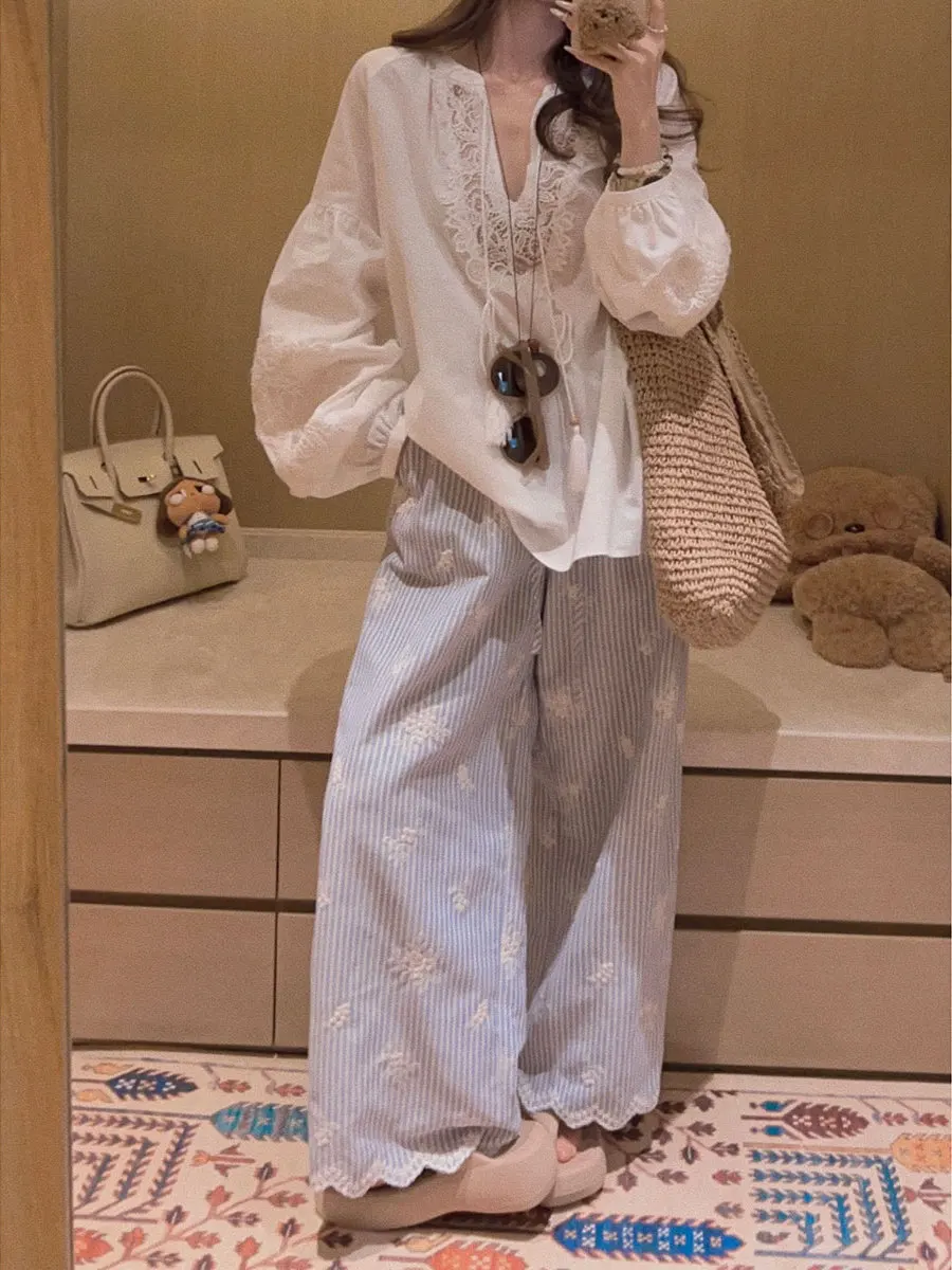 

Брюки Yukiss Healing с сине-белыми полосками, 3D-вышивкой, из хлопка, прямого кроя, укороченные, повседневные, широкие, весенние, женские