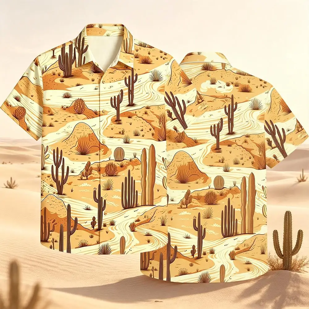 Men's Hawaiian Shirt Vintage Desert Cactus 3D Print Lapel Button Up Shirts Summer Casual Western Landscape Beach Vacation Blouse