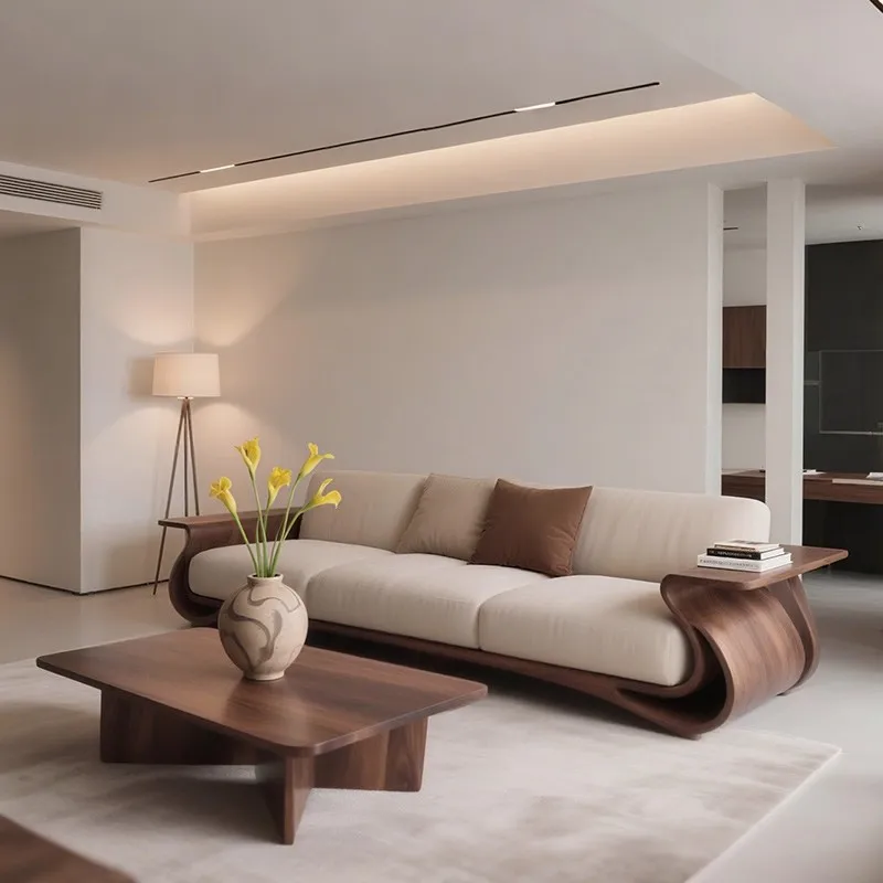 New Chinese straight-row sofa walnut solid wood Arhat bed  fabric living room sofa furniture customization