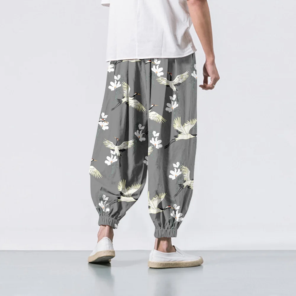 Flower Fox Splicing Printed Casual Beach Harem Pants Men Hip Hop Nine Points Trousers Jogger Sweatpants