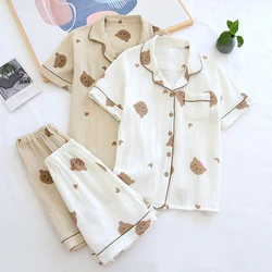 Verão casal puro algodão urso amor bonito pijamas conjunto sleepwear feminino curto-sleeved pijamas terno loungewear crepe senhoras pijama