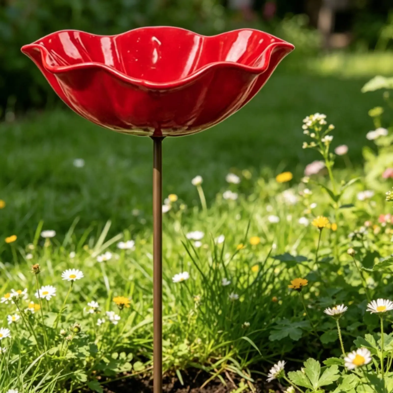 Resin Flower Shaped Decorative Feeder Stake Bird Bath for Outdoor Garden Full Size Garden Bird Drinker for Yard Decor