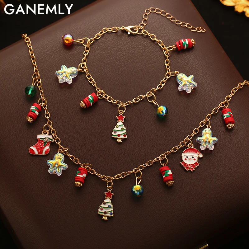 GANEMLY Cartoon Weihnachtsbaum Perle Schneemann Halskette Armband Set Mode Kreative Weihnachten Schmuck Zubehör Für Frauen