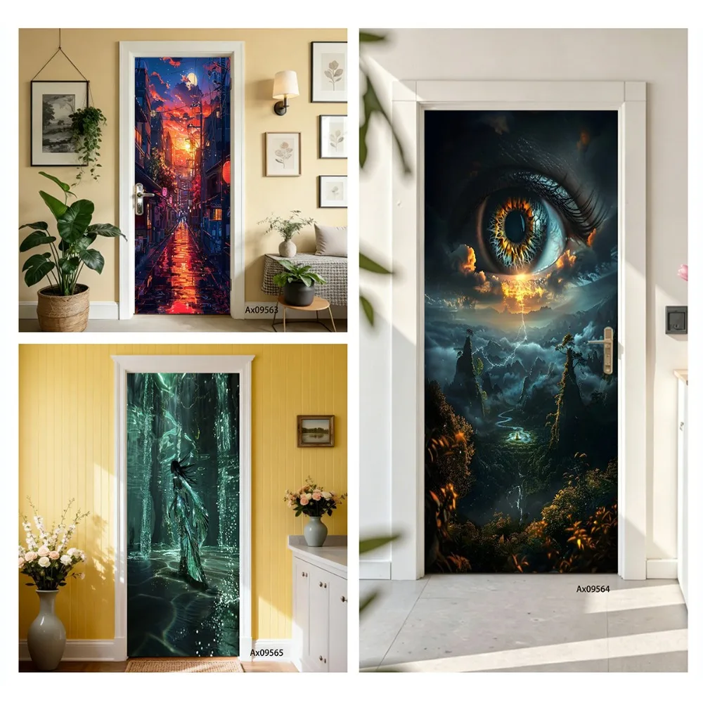 Mystical Fantasy Cyber City Door Sticker Self‑Adhesive Wallpaper for Cabinets Wardrobe Refrigerator Doors Aesthetics Decoration