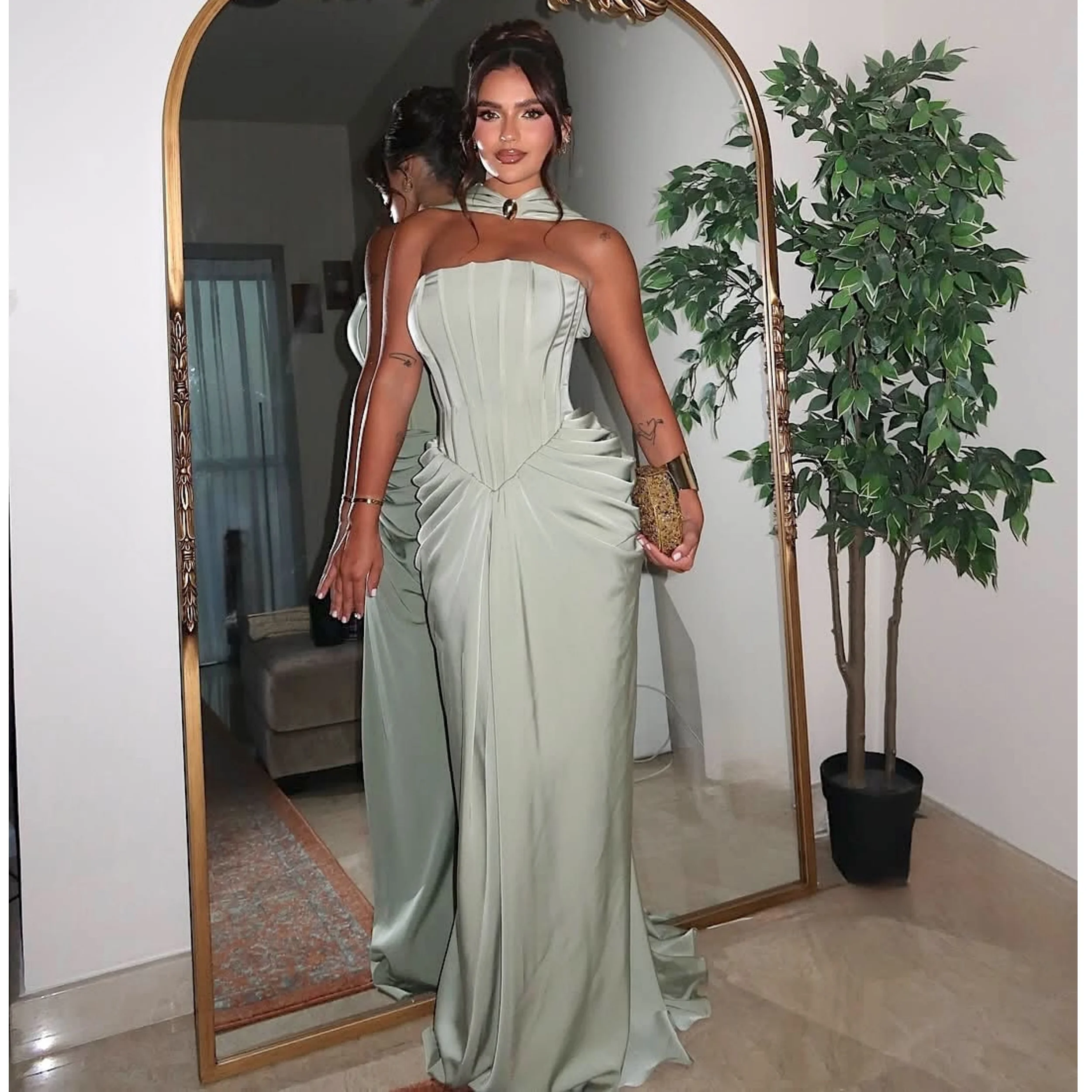 

New Mint Green Evening Gowns for Women Stain Mermaid Formal Prom Dresses Ruched Brithday Wear Customized Pleats Robes de Soriee