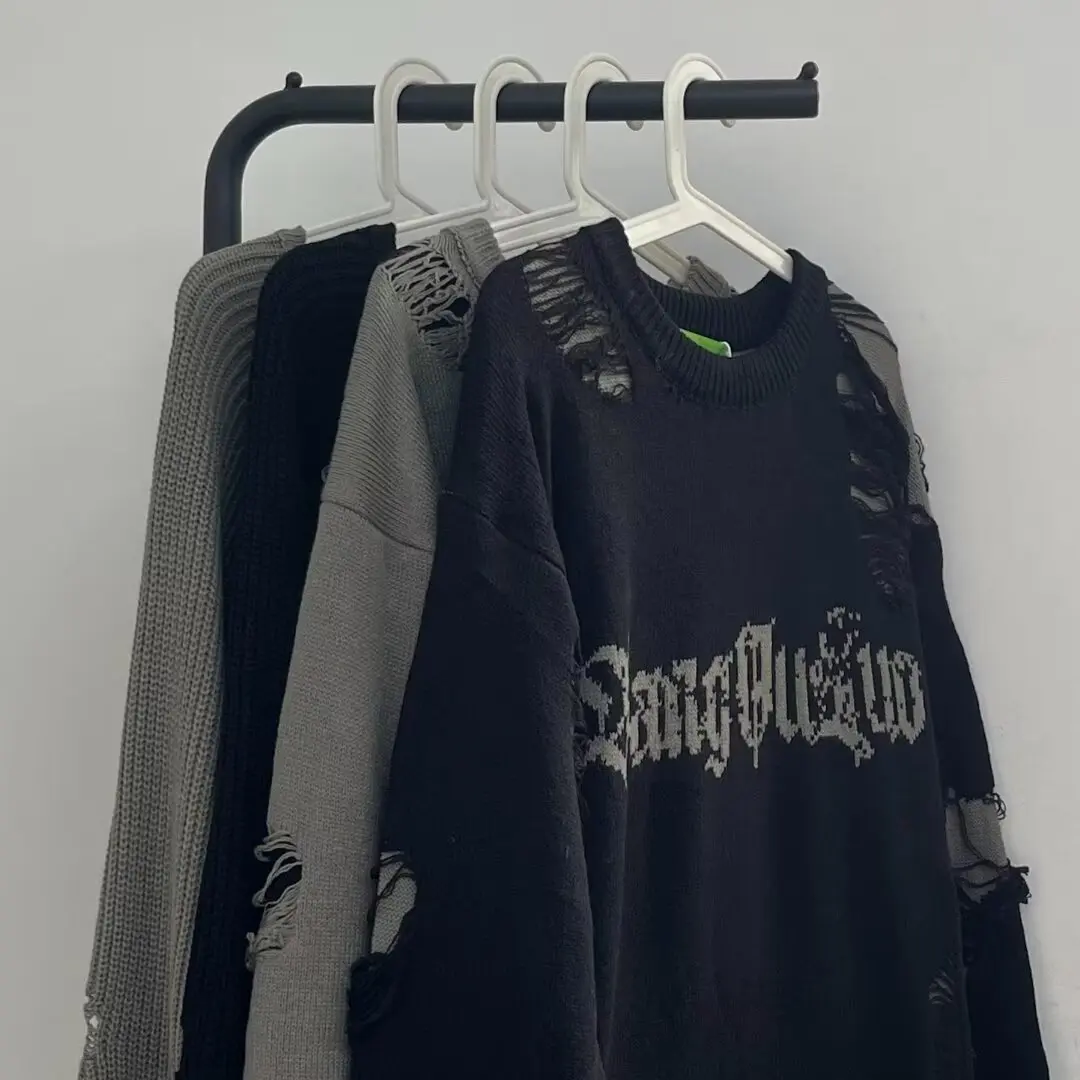 

Мужской повседневный свитер с буквами в стиле ретро, большой размер 300, осень-зима, Гонконгский модный вязаный свитер с свободными отверстиями