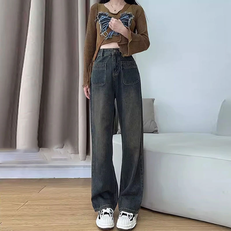 Denim pants women\'s cement gray design pocket high waisted loose nostalgic straight mop small narrow version wide leg pants