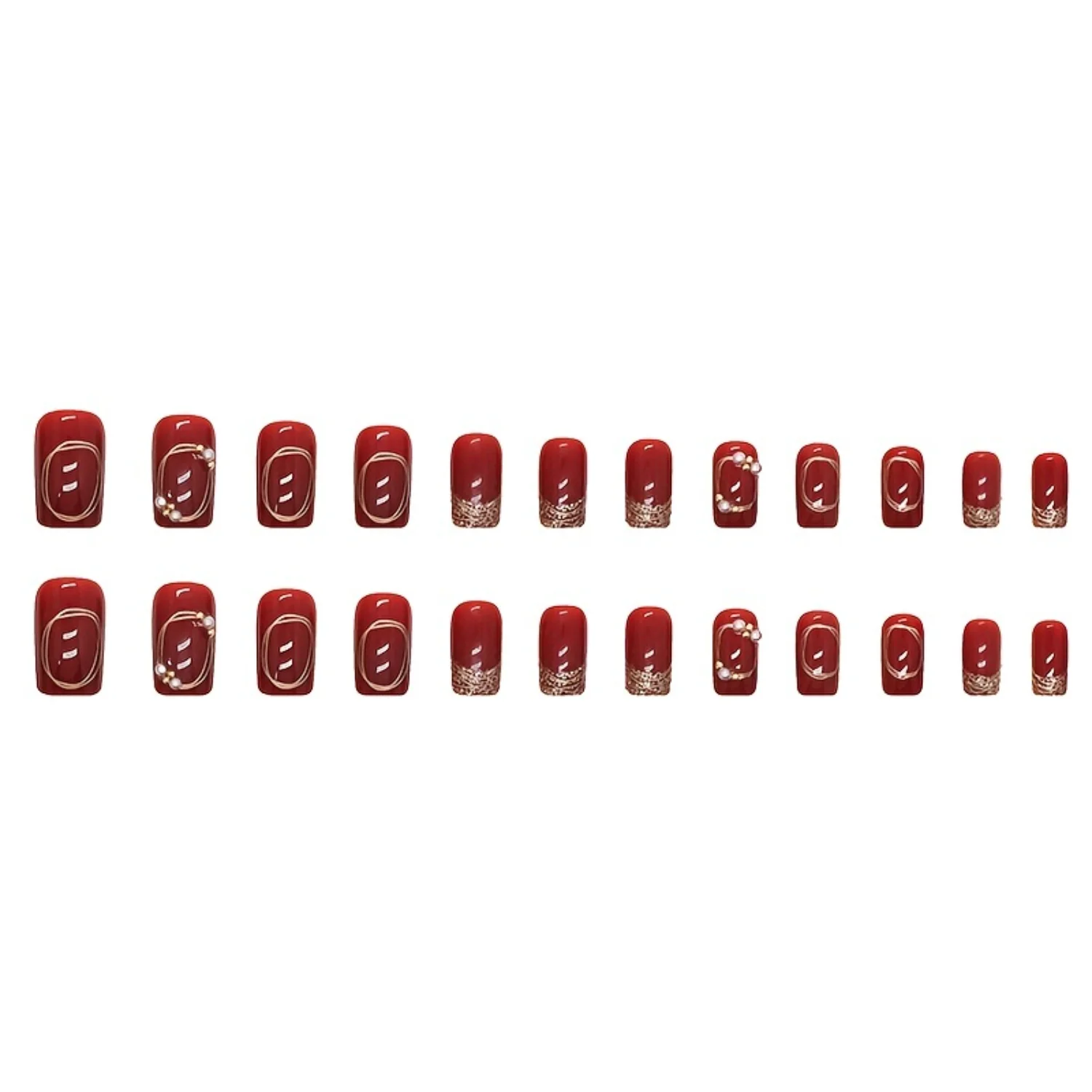 Glänzende weinrote Nägel zum Aufdrücken mit goldenen Streifen – kurze Acrylnägel für Frauen – einfach anzubringen und zu entfernen – perfekt für einen Ch
