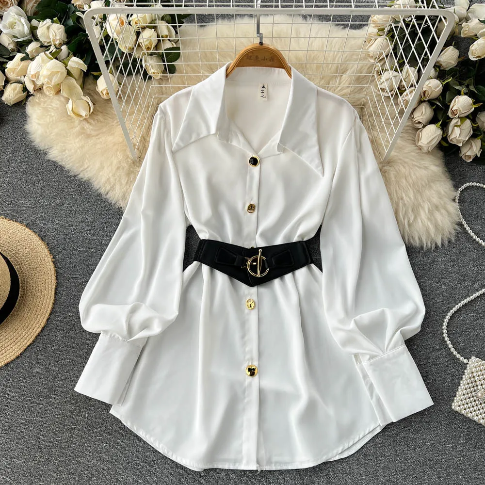 Single Breasted Blouses Dresses Long Sleeve Casual Knee Length Dress Turn Down Collar Solid Vestidos Loose Button Sashes 2024