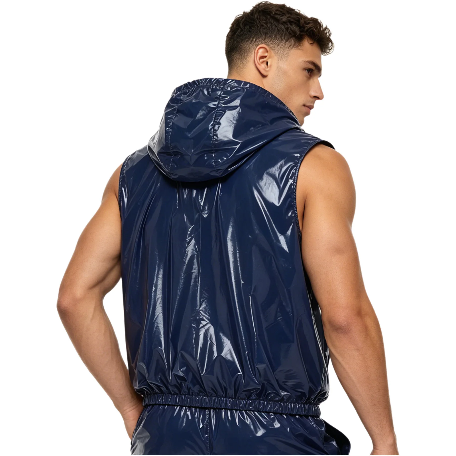 Men's Waterproof Hooded Vest Detachable Hood Sleeveless Zipper Sports Tank Top Coat with Pockets for Cycling Workout Nightclub