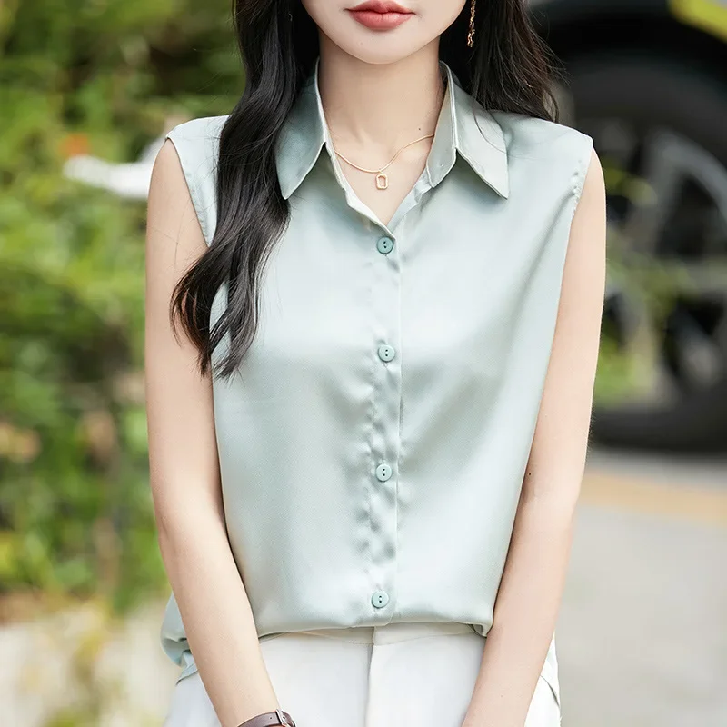 

Летняя новая женская безрукавка в корейском стиле, профессиональная сатиновая рубашка с воротником, однотонная женская кофта-кардиган.