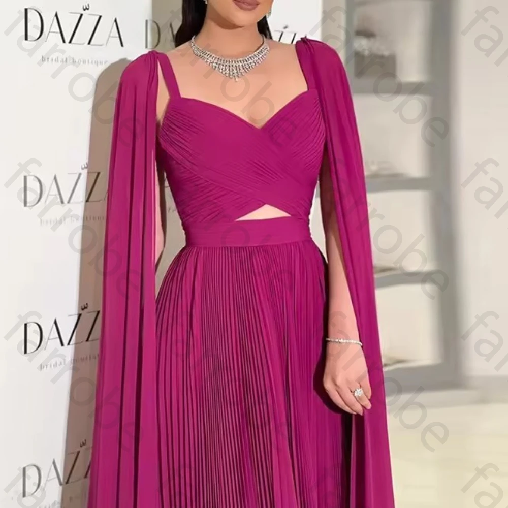 Abiti da sera in chiffon viola di lusso con maniche a mantella A-Line Sweetheart pieghettato fino al pavimento Abito da ballo di alta qualità personalizzato