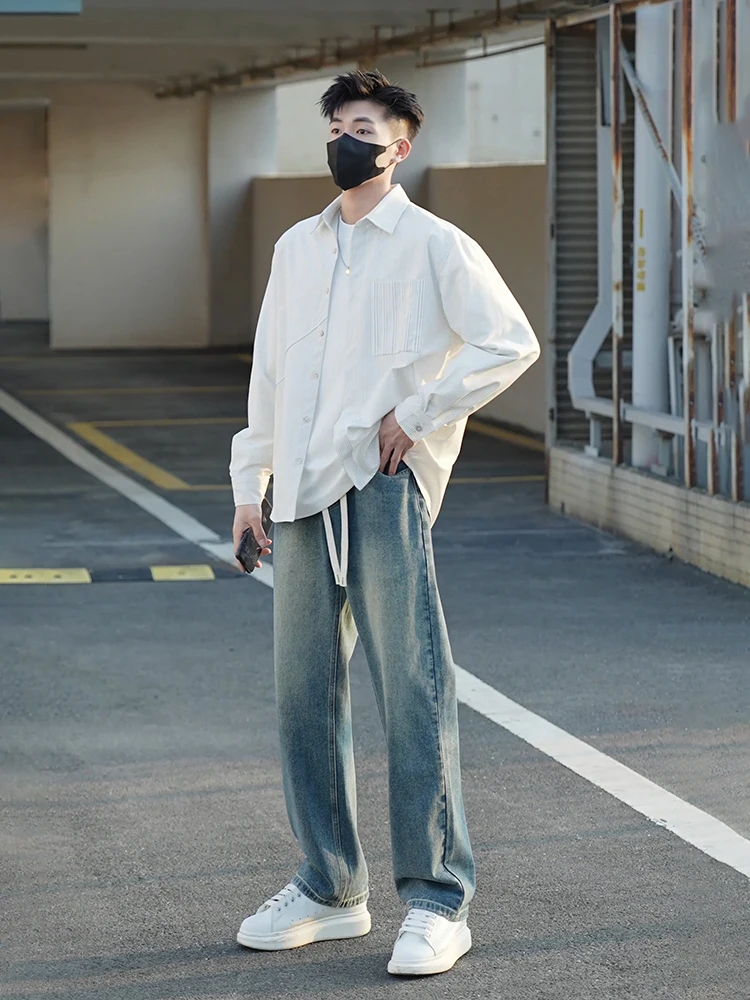 

Мужские джинсы в стиле ретро, американские, синие, прямые, свободные, широкие штанины, длинные брюки, весенние, для подростков, из смесового хлопка и полиэстера