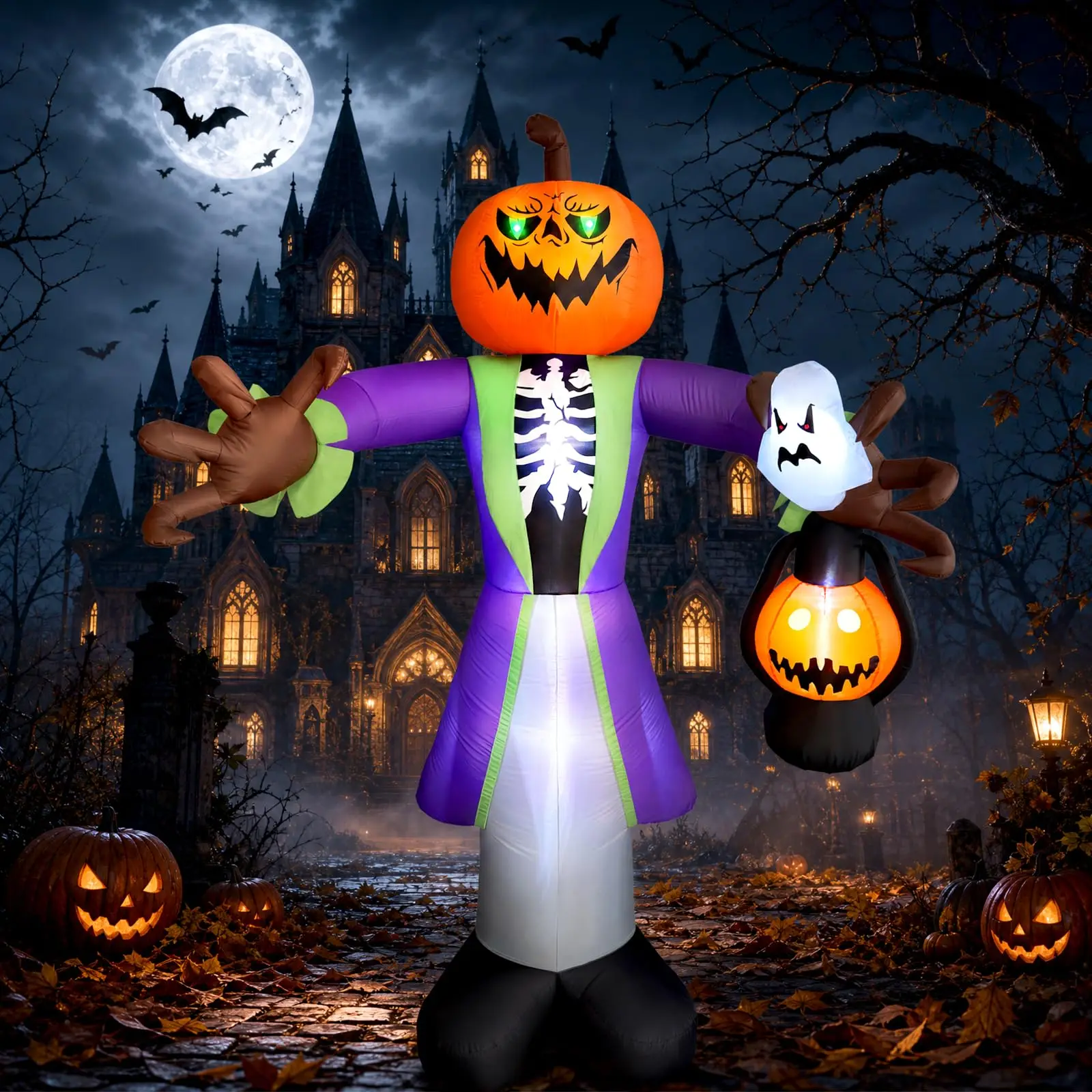 8ft Lighted Inflatable Halloween Pumpkin Zombie with Lantern – Spooky Outdoor Yard Decoration for Lawn, Garden & Party – Waterproof Polyester, Weather Resistant, Built-In Fan & Easy Setup