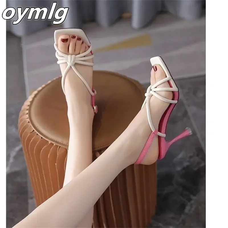 

2024 New high-heeled open-toe sandals Women's square head thin belt combination buckle fashion sandals high heels