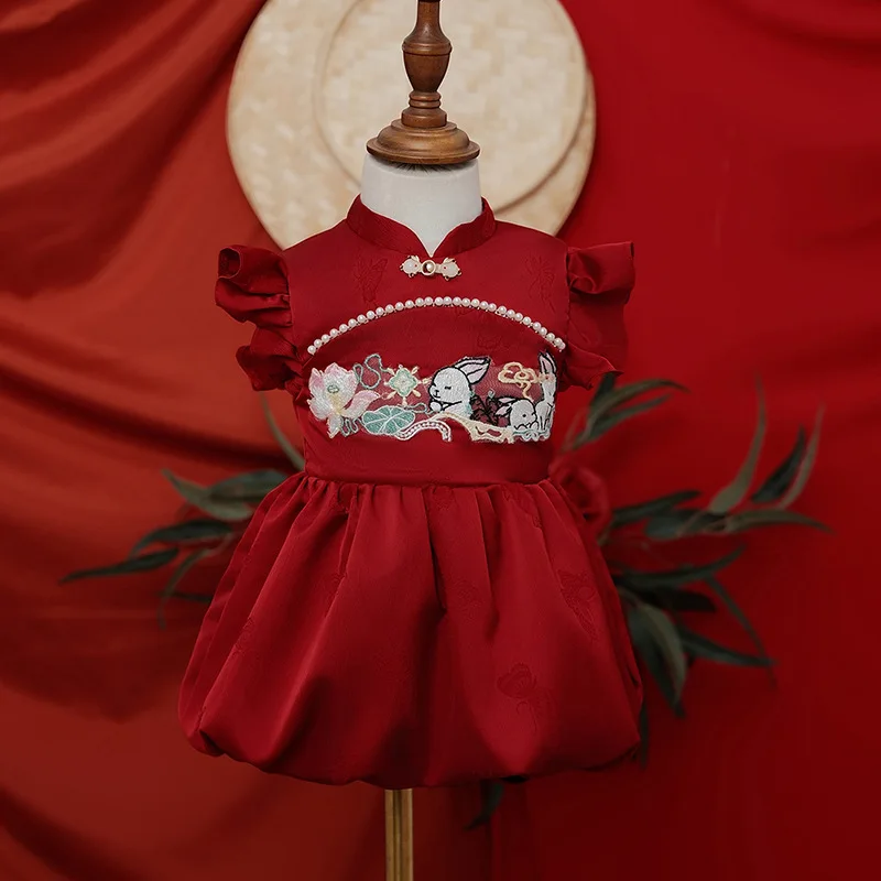 One-Year-Old Girl's Formal Dress2025Chinese Style One-Year-Old Birthday Full Moon Hundred Days Banquet Dress Baby Crown Clothes