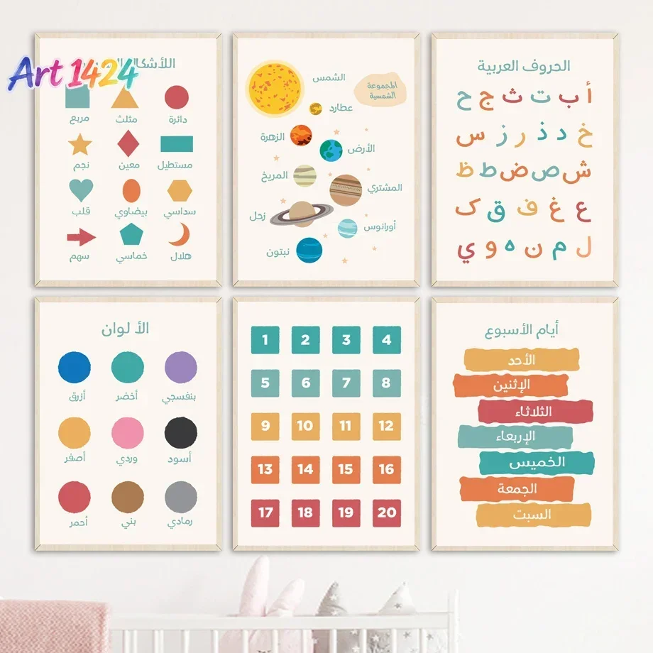 Arabic Education Poster Alphabet Number Color Shape Wall Art Prints Canvas Painting Wall Pictures Kids Bedroom Classroom Deco