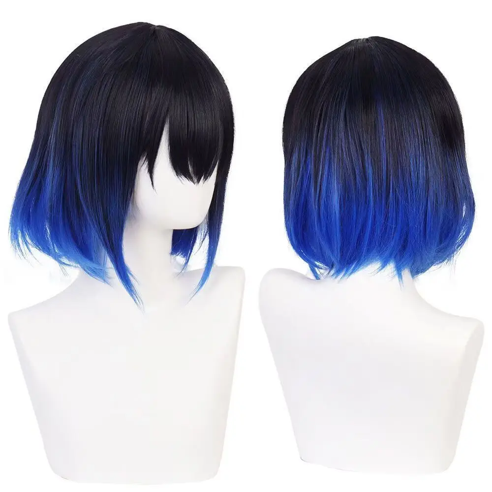 New Ghost Annihilation Anime Blade Mouth Hiraizu COS Hair Black Wig Deep Blue Gradient Simulated Wig