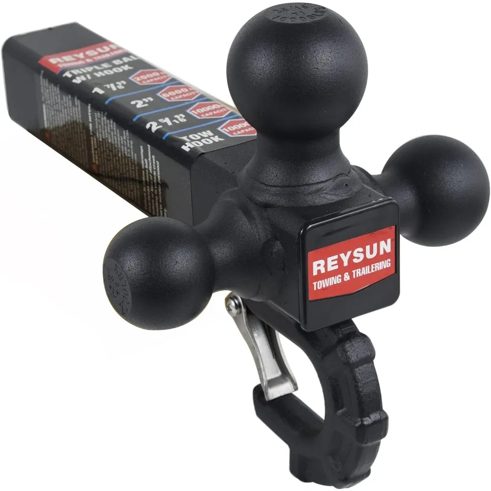 Enganche de remolque de tres bolas con gancho, compatible con receptor de 2 pulgadas, pestillo autoblocante, acabado en negro mate, incluye cerradura de 5/8 de pulgada