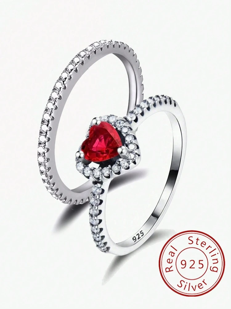 

925 Sterling Silver Fashionable Shiny Love Heart Zircon Ring Set For Women Anniversary Daily Luxury High Quality Fine Jewelry